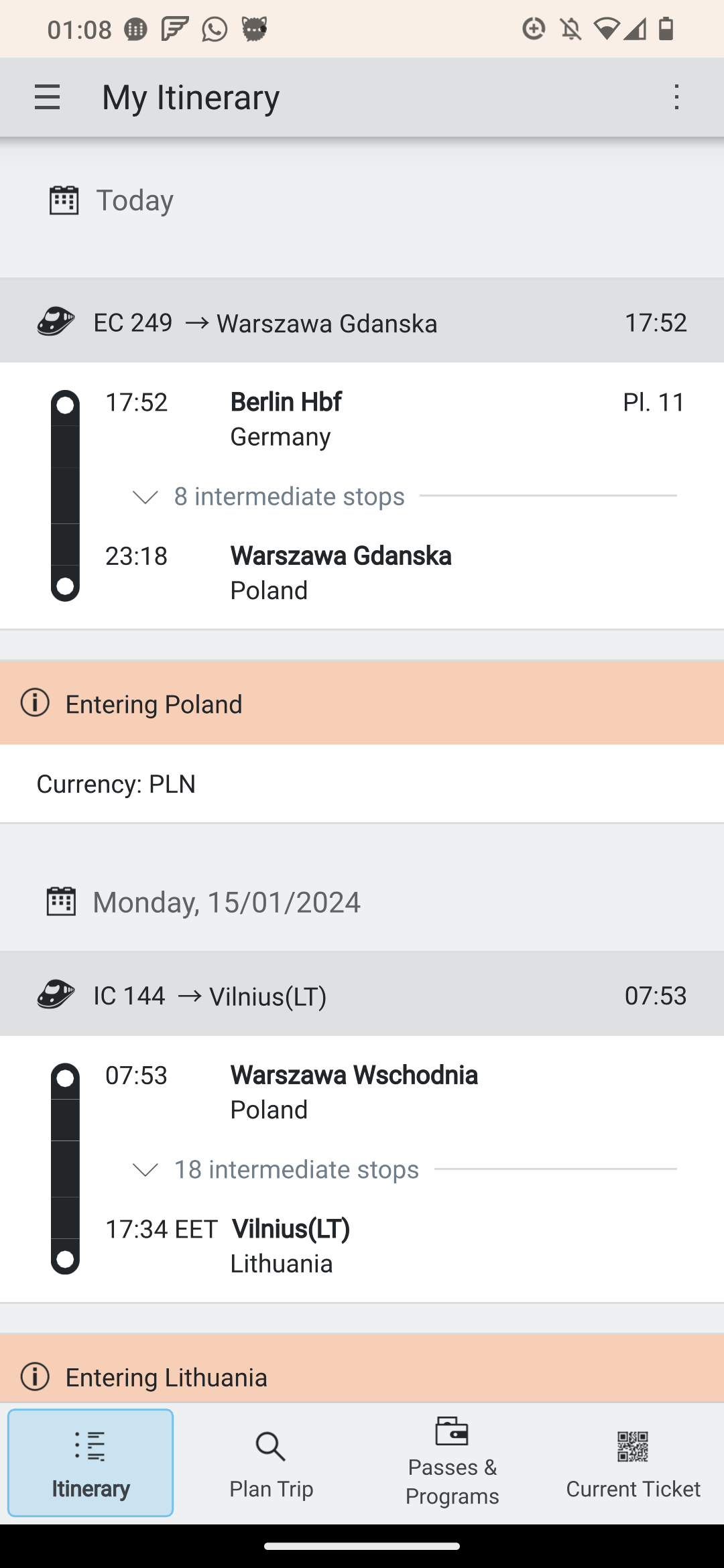 Screenshot of the first part of the journey from Berlin Hauptbahnhof to Warszawa Gdanska using EC 249, and the next day continuing with IC 144 to Vilnius